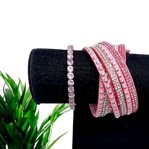 LOT of Pink l Rhinestone Adorned Bracelet l Double-leather pink wrap/wristband..